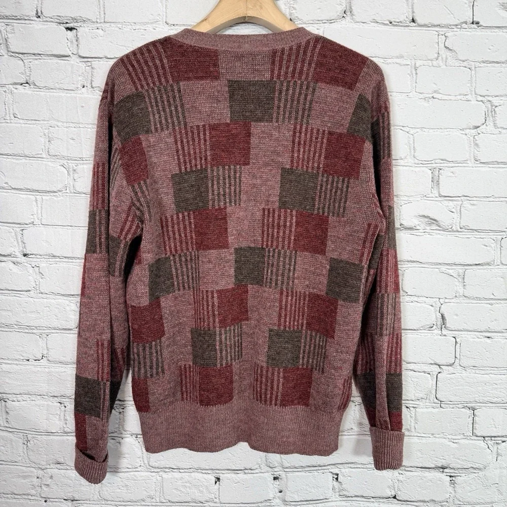 Vintage 80s Jantzen Wool‎ Blend Sweater Men's M Red V Neck Geometric USA Dad